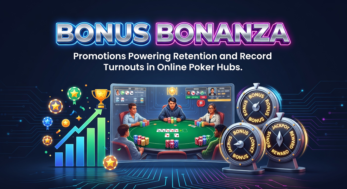 Vibrant online poker table with bonus icons and player avatars crowding the screen, highlighting promotional excitement