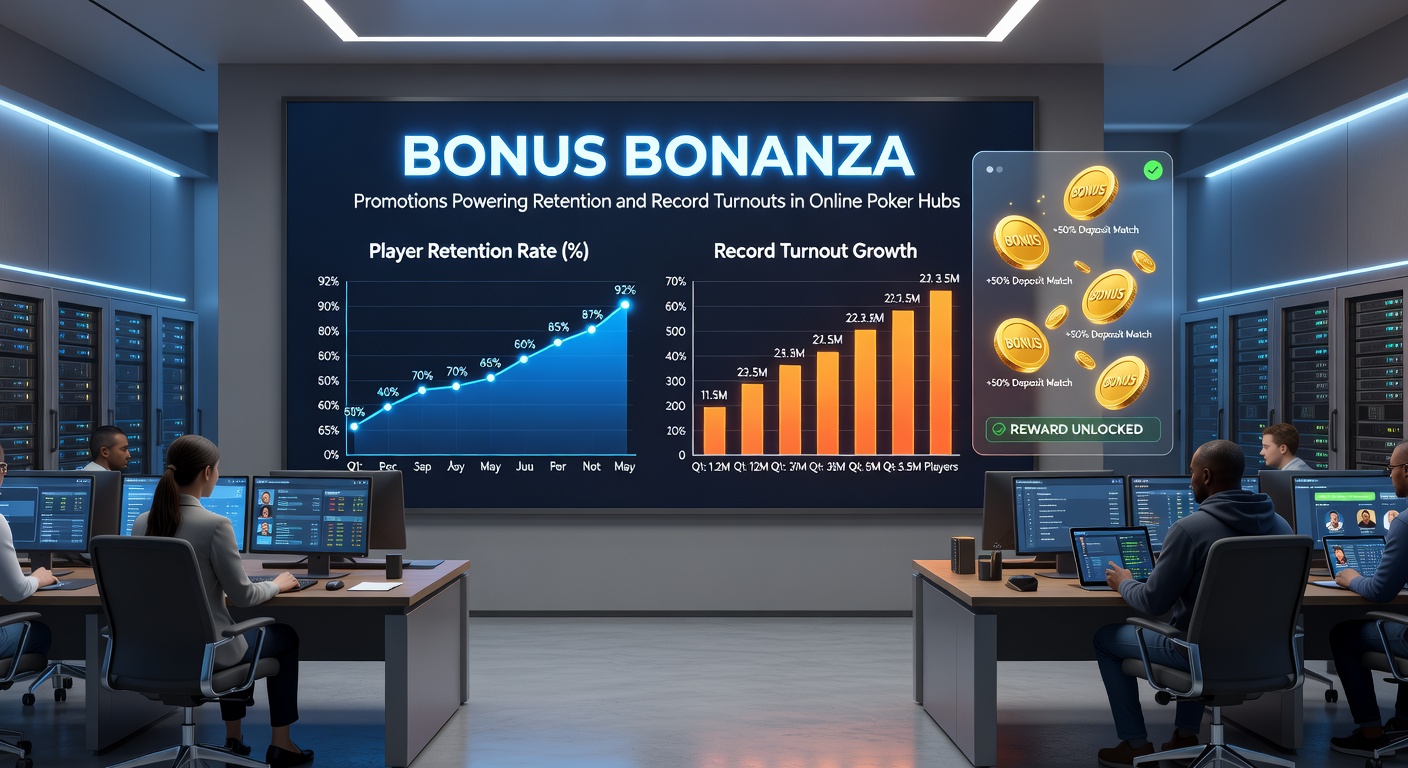 Graph showing rising player retention curves alongside stacked bonus promotion timelines in online poker platforms