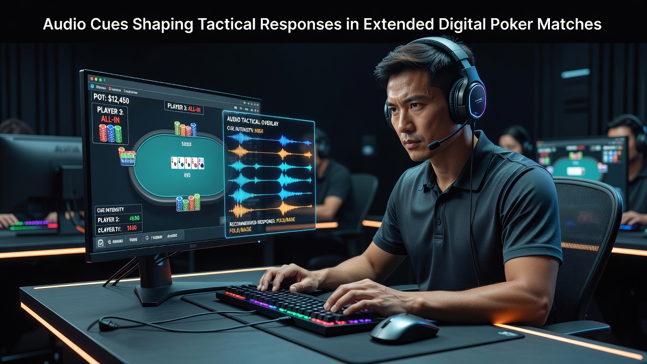 Digital poker interface displaying audio settings alongside a virtual table during an extended match