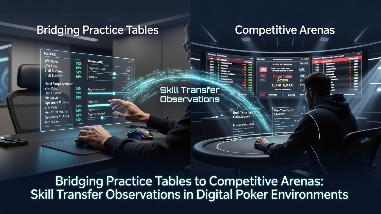 Digital poker players transitioning from practice tables to competitive online arenas with visible interface elements