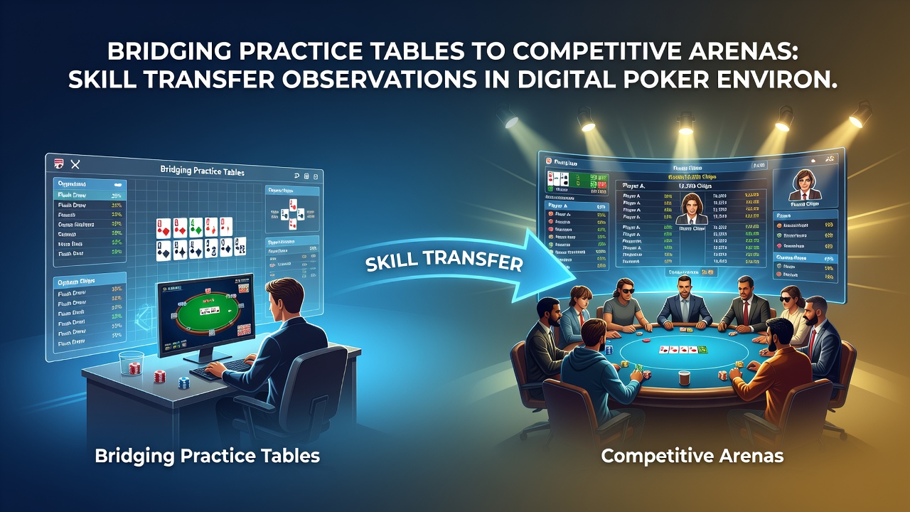 Analytics dashboard displaying skill transfer metrics from practice to competitive digital poker sessions