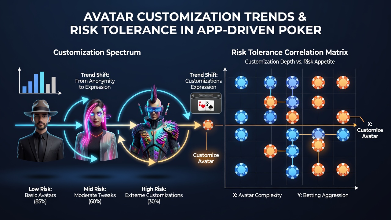 Players selecting avatar options in a mobile poker app interface showing various customization themes and accessories