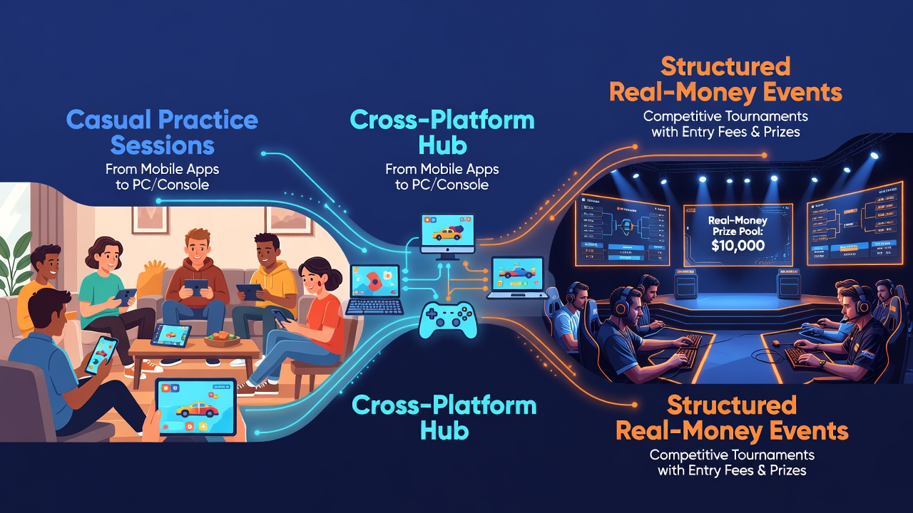 Cross-platform interfaces showing practice sessions linking to real-money tournament entry points