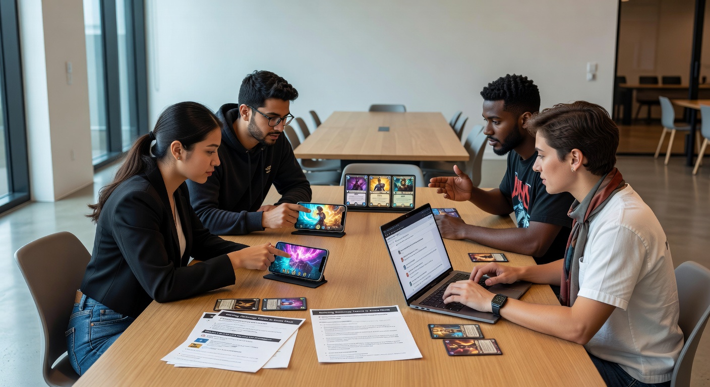 Mobile card game players discussing strategies on digital forums and community boards
