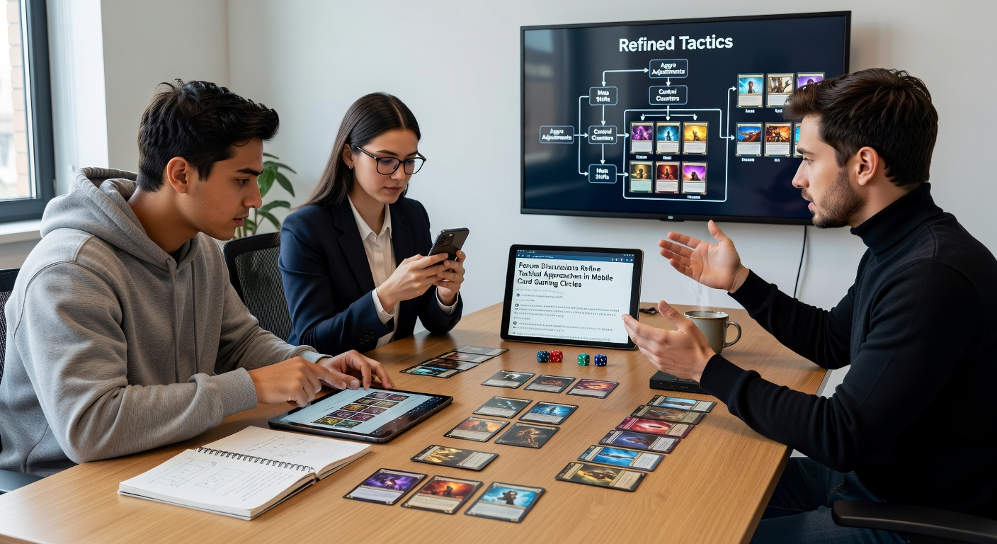 Group of mobile gamers analyzing card game tactics together through shared forum posts and data charts