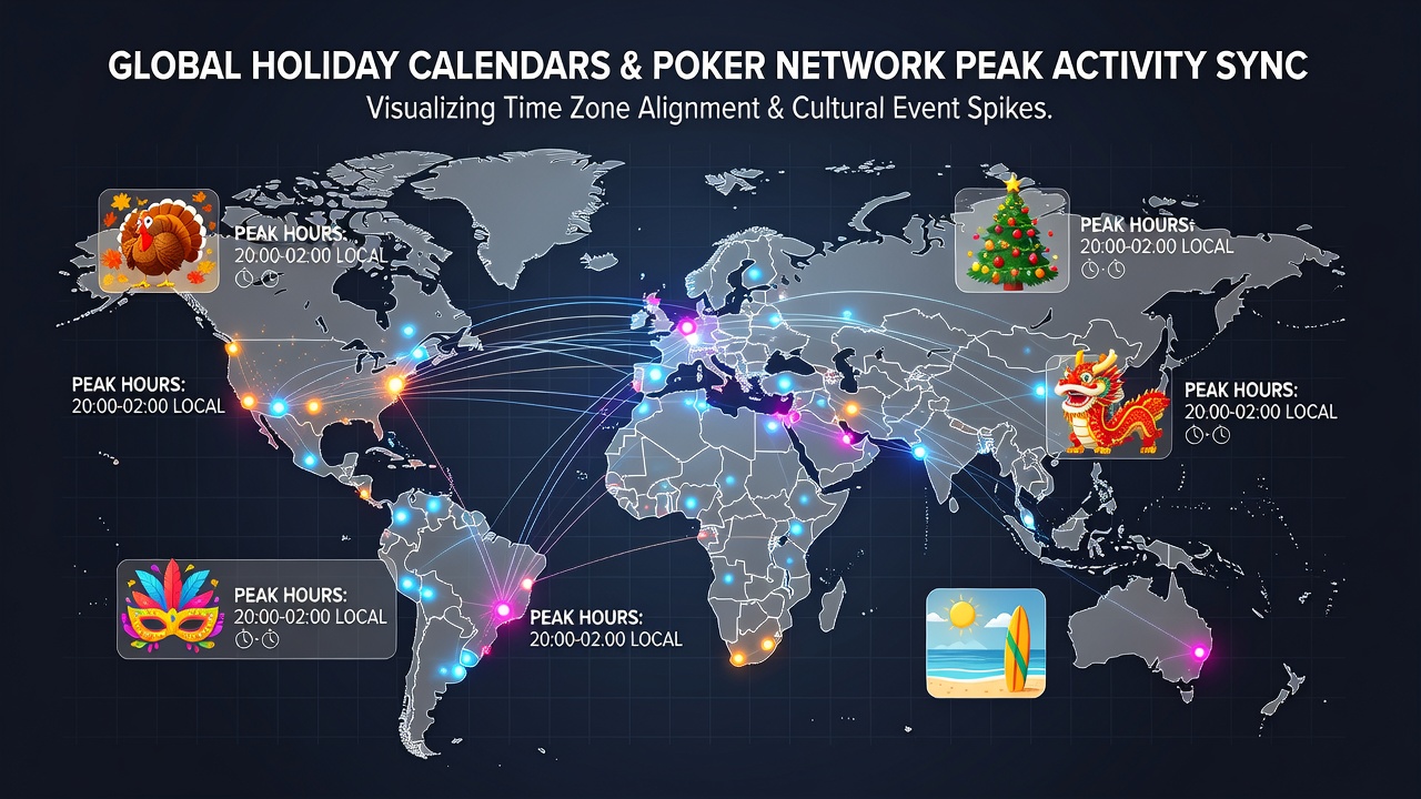 Graph displaying poker network traffic peaks aligned with global holiday dates across different regions