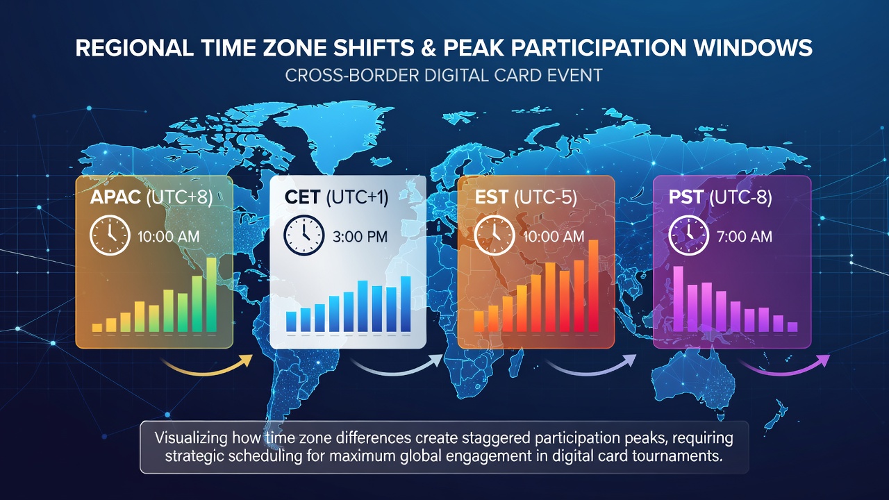 Infographic displaying time zone offset charts with participation volume bars for different digital card event formats