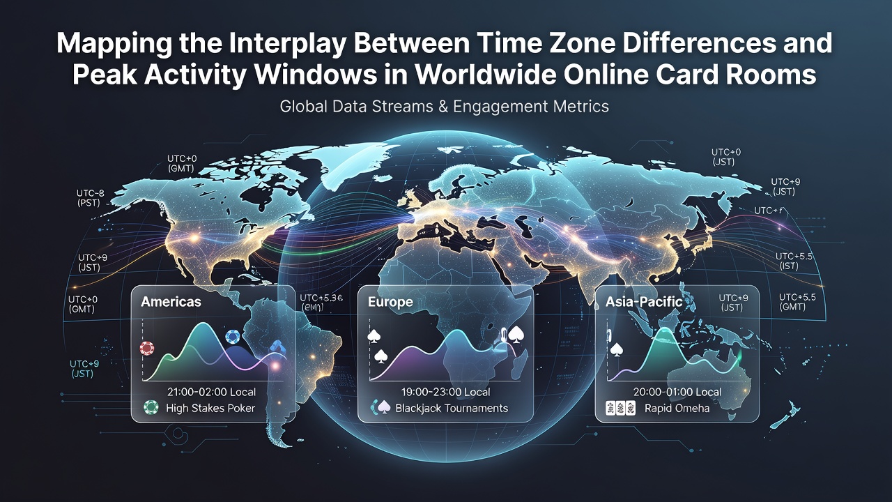 World map highlighting time zones and peak activity periods in online card rooms