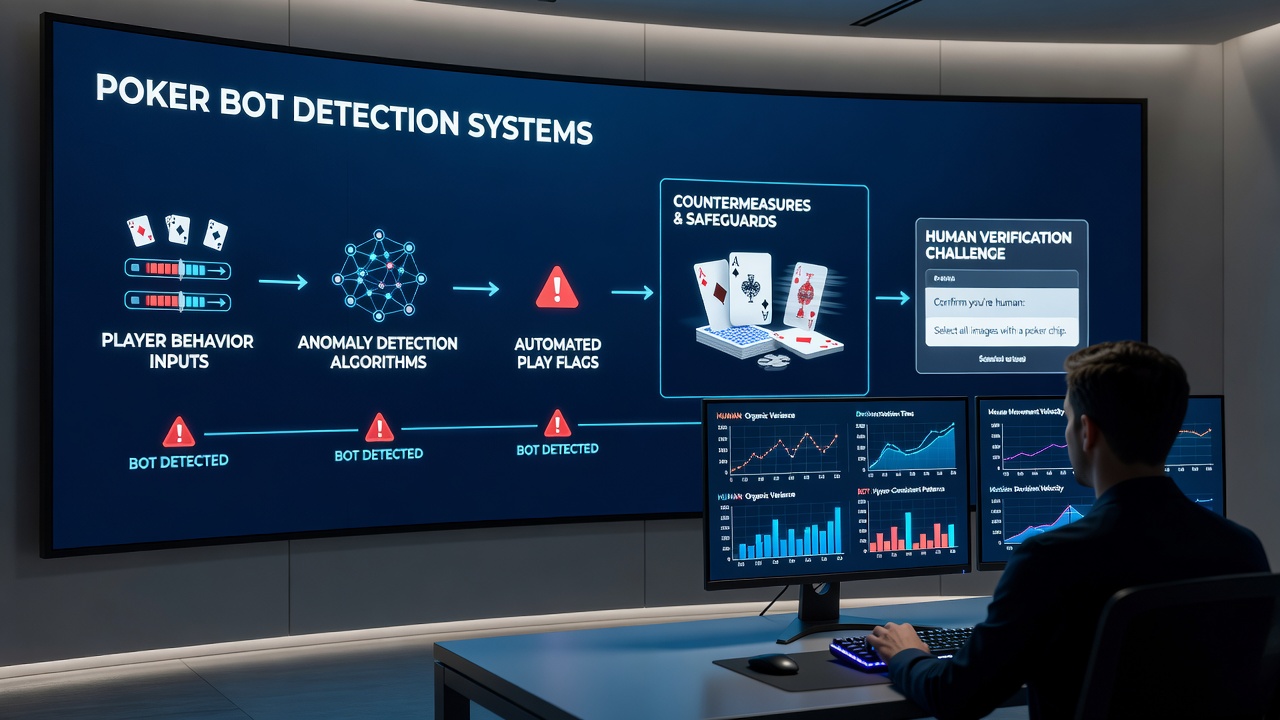 Technical illustration of behavioral analysis tools used in poker bot detection including timing graphs and pattern recognition interfaces