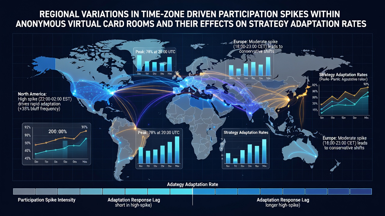 Global map overlay showing time zone clusters and peak activity markers in virtual card rooms