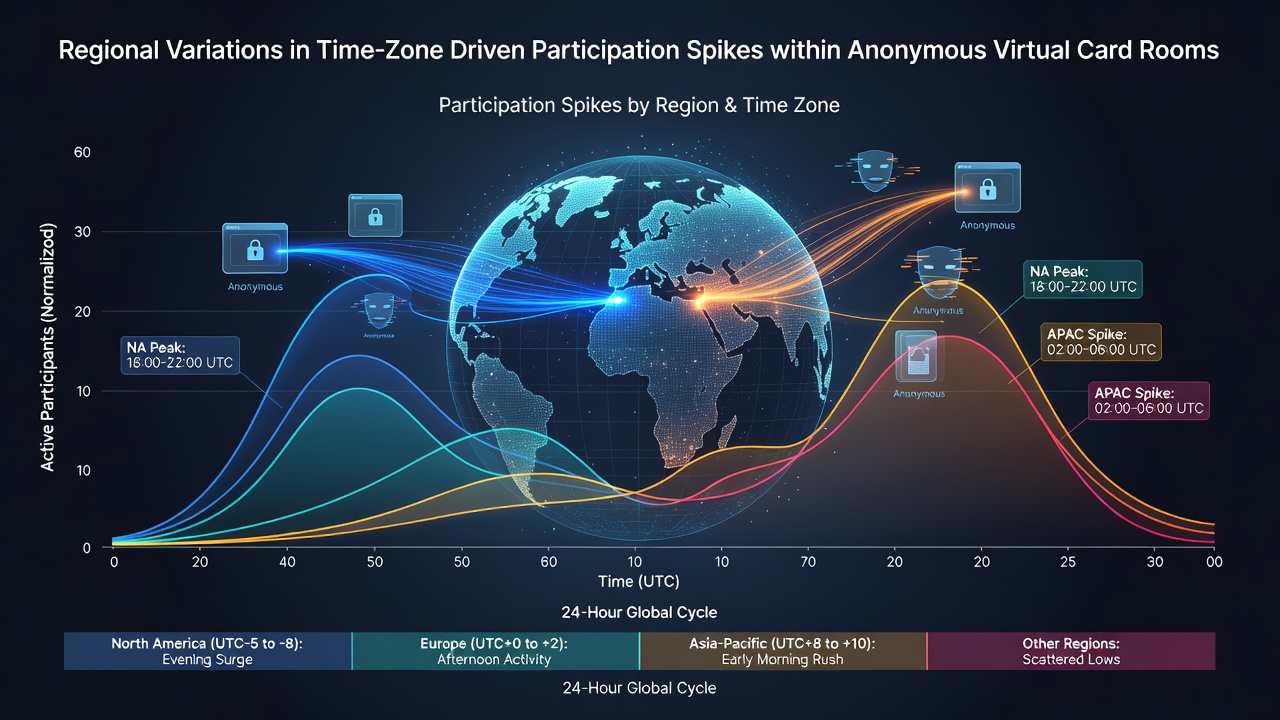 Heatmap visualization of hourly participation spikes across Asia, Europe, and Americas in virtual card platforms