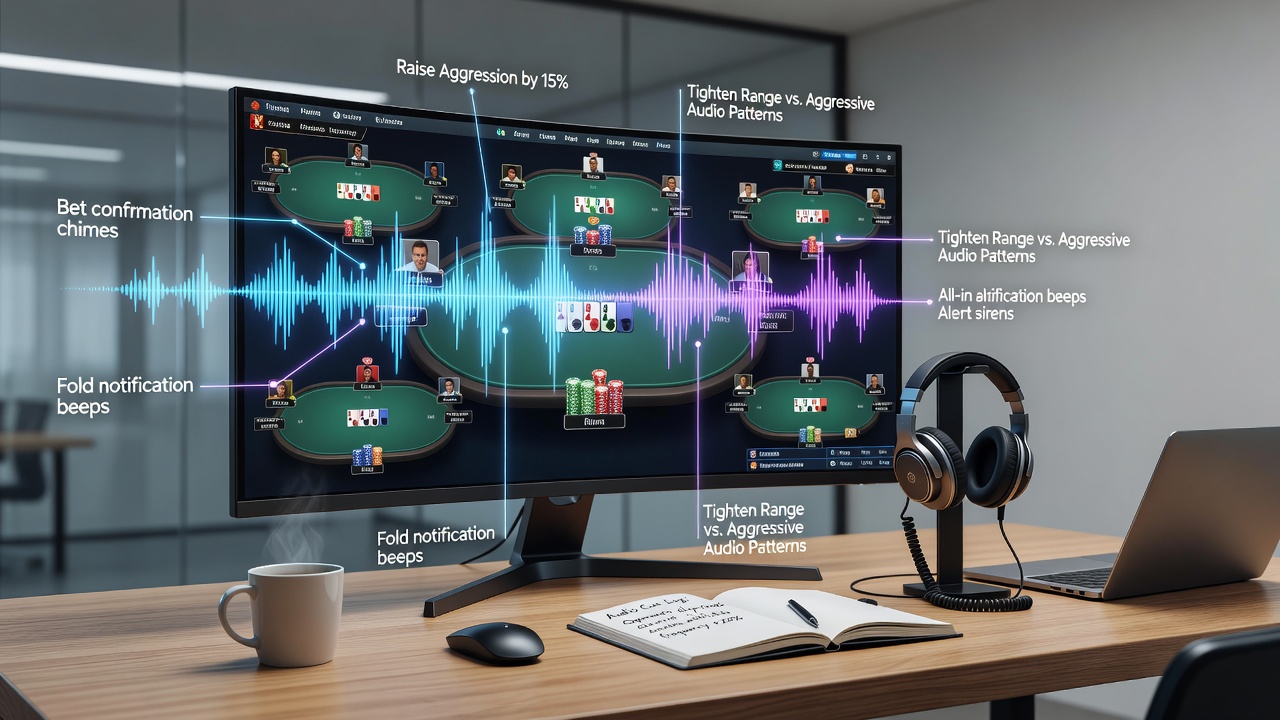 Close-up of poker software settings panel showing audio customization options and waveform previews