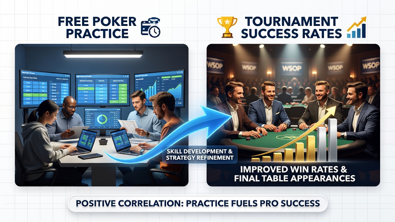 Detailed view of poker tournament statistics displayed on a monitor alongside free practice interface screenshots